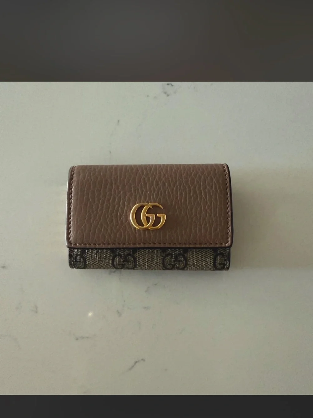 Gucci Beige/Pink Leather GG Supreme 6-Ring Key & Card Holder